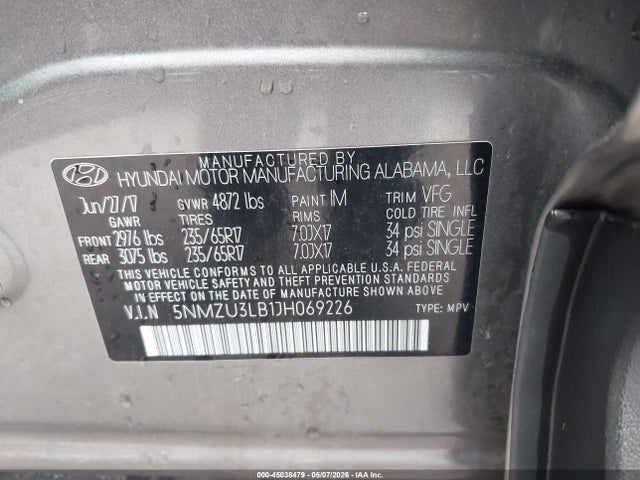 Продаж на аукціоні авто 2018 Hyundai Santa Fe Sport 2.4l, vin: 5NMZU3LB1JH069226, номер лоту: 45038479