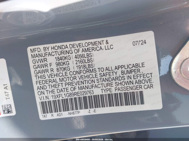 2024 Honda Civic Sport Touring მანქანა იყიდება აუქციონზე, vin: 19XFL1G89RE029763, აუქციონის ნომერი: 45038493