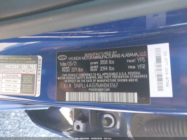 45038498 :رقم المزاد ، 5NPLL4AG7MH043167 vin ، 2021 Hyundai Elantra Se مزاد بيع