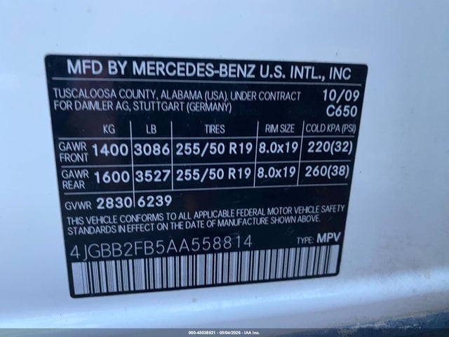 45038521 :رقم المزاد ، 4JGBB2FB5AA558814 vin ، 2010 Mercedes-benz Ml 350 Bluetec 4matic مزاد بيع