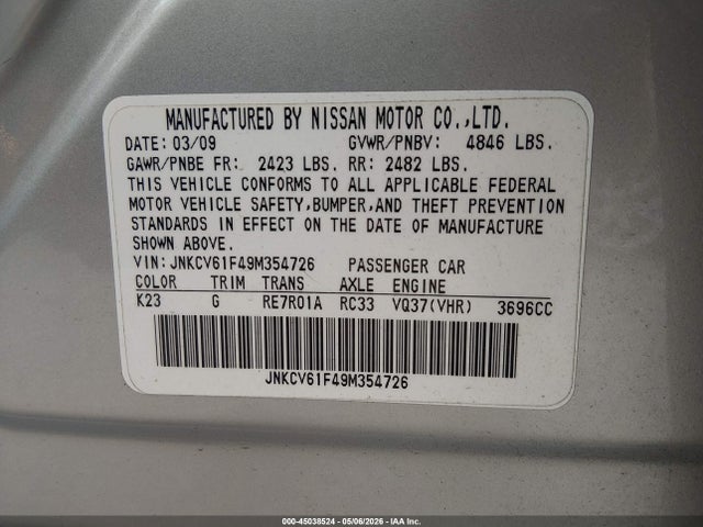 45038524 :رقم المزاد ، JNKCV61F49M354726 vin ، 2009 Infiniti G37x مزاد بيع