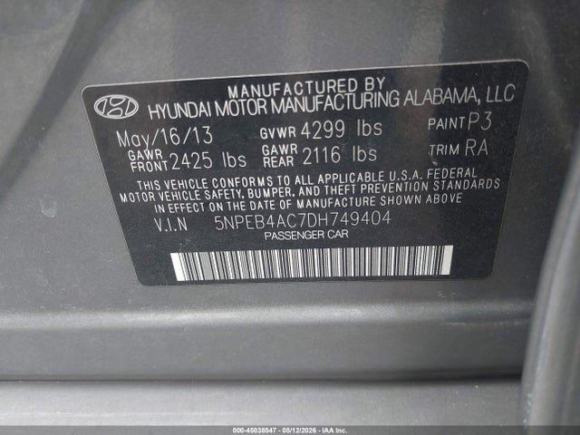 45038547 :رقم المزاد ، 5NPEB4AC7DH749404 vin ، 2013 Hyundai Sonata Gls مزاد بيع