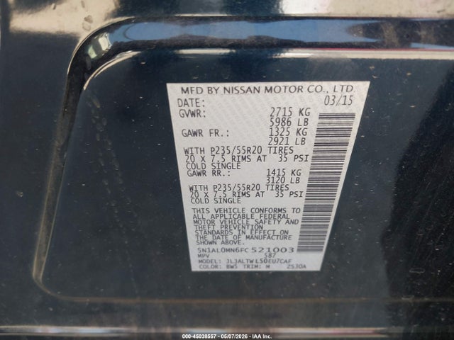 Aukcja sprzedaży 2015 Infiniti Qx60, vin: 5N1AL0MN6FC521003, numer aukcji: 45038557
