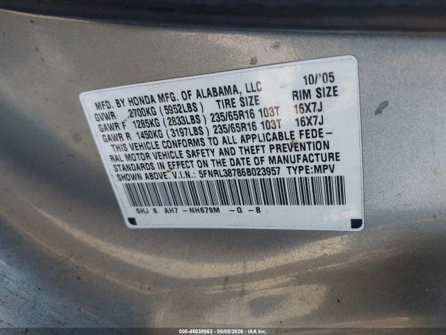 45038563 :رقم المزاد ، 5FNRL38786B023957 vin ، 2006 Honda Odyssey Ex-l مزاد بيع