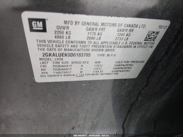 Aukcja sprzedaży 2013 Gmc Terrain Slt-1, vin: 2GKALUEK0D6183785, numer aukcji: 45038571