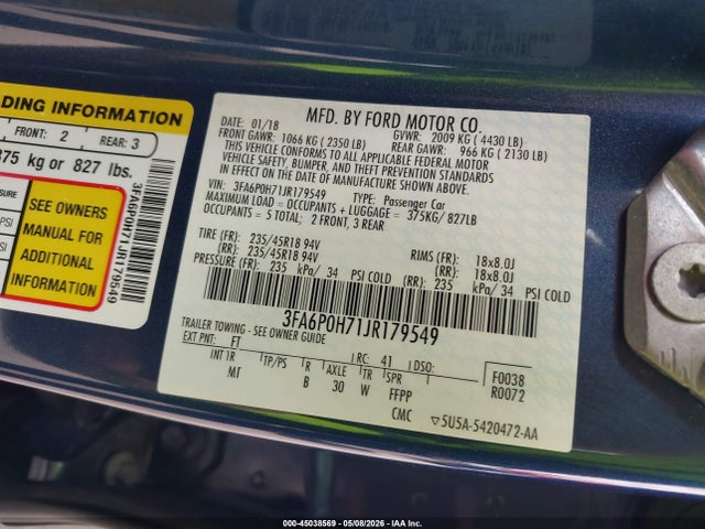 Ford FUSION SE 2018 3FA6P0H71JR179549 Image 9