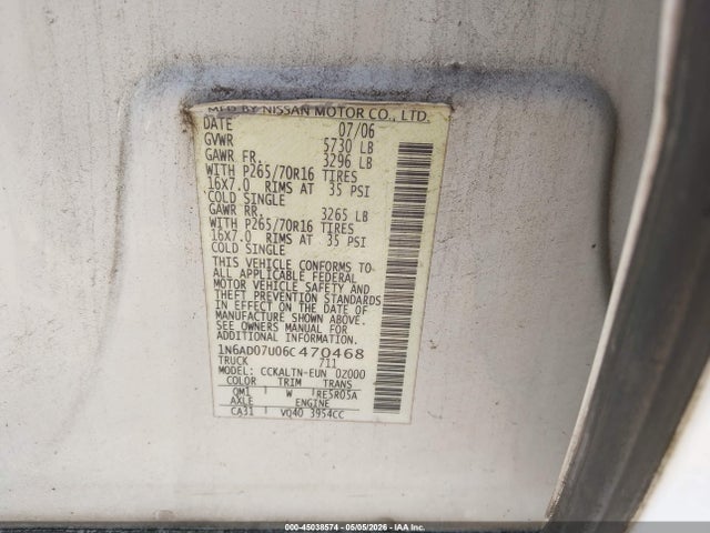 2006 Nissan Frontier Se მანქანა იყიდება აუქციონზე, vin: 1N6AD07U06C470468, აუქციონის ნომერი: 45038574