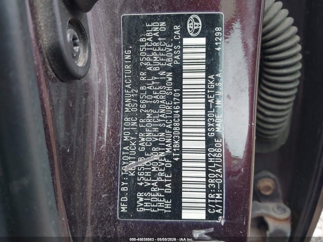 45038583 :رقم المزاد ، 4T1BK3DB8CU461701 vin ، 2012 Toyota Avalon مزاد بيع