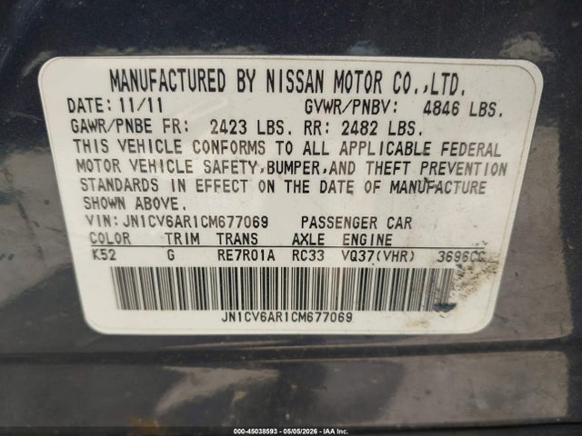 Aukcja sprzedaży 2012 Infiniti G37x, vin: JN1CV6AR1CM677069, numer aukcji: 45038593