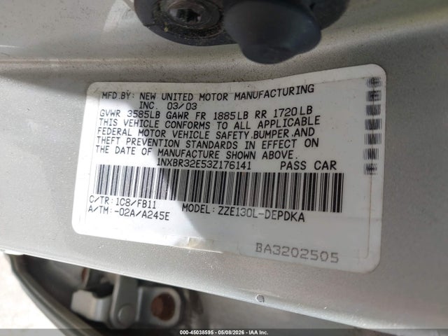 45038595 :رقم المزاد ، 1NXBR32E53Z176141 vin ، 2003 Toyota Corolla Ce مزاد بيع
