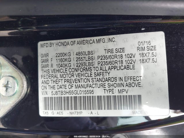 Aukcja sprzedaży 2016 Acura Rdx Technology   Acurawatch Plus Packages/technology Package, vin: 5J8TB3H55GL015595, numer aukcji: 45038602