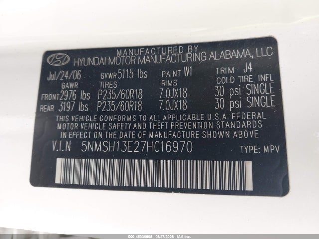 Продажа на аукционе авто 2007 Hyundai Santa Fe Limited/se, vin: 5NMSH13E27H016970, номер лота: 45038605