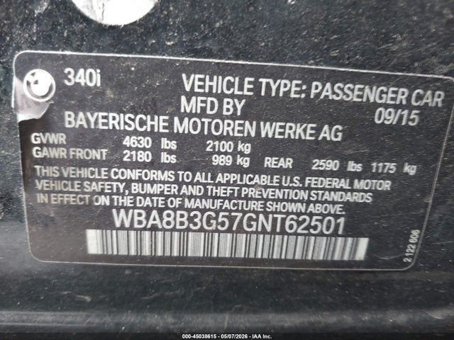 Aukcja sprzedaży 2016 Bmw 340i, vin: WBA8B3G57GNT62501, numer aukcji: 45038615