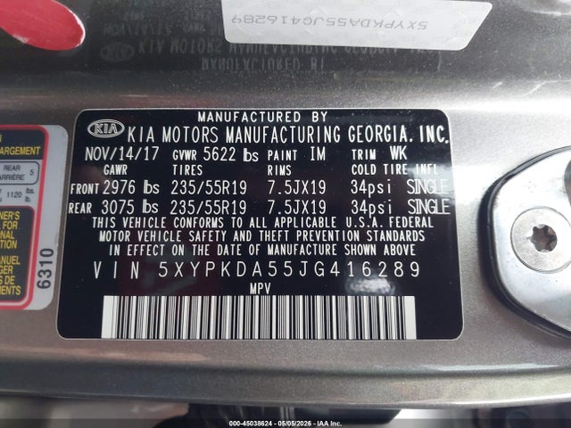 Aukcja sprzedaży 2018 Kia Sorento 3.3l Sx, vin: 5XYPKDA55JG416289, numer aukcji: 45038624