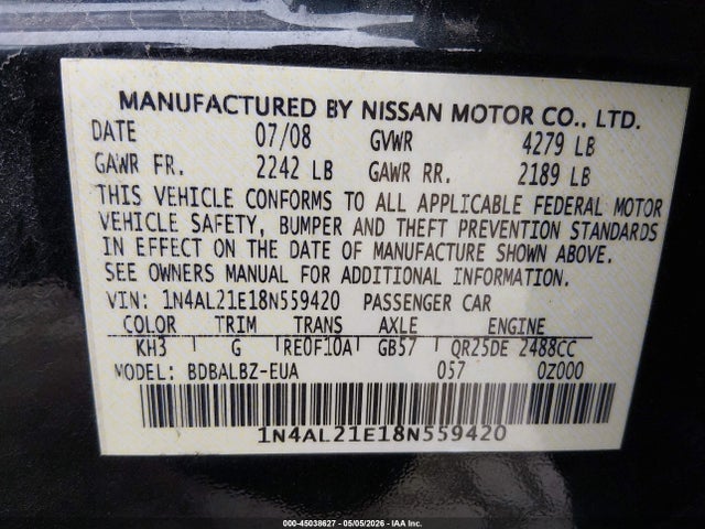 2008 Nissan Altima 2.5 S მანქანა იყიდება აუქციონზე, vin: 1N4AL21E18N559420, აუქციონის ნომერი: 45038627
