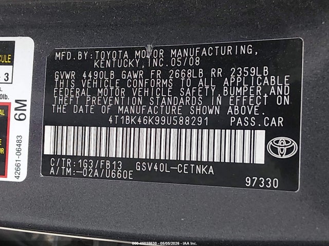Продаж на аукціоні авто 2009 Toyota Camry Le V6, vin: 4T1BK46K99U588291, номер лоту: 45038630