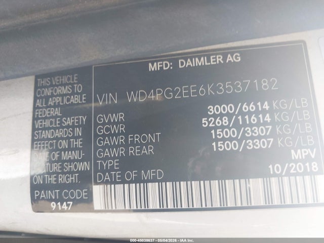 45038637 :رقم المزاد ، WD4PG2EE6K3537182 vin ، 2019 Mercedes-benz Metris مزاد بيع
