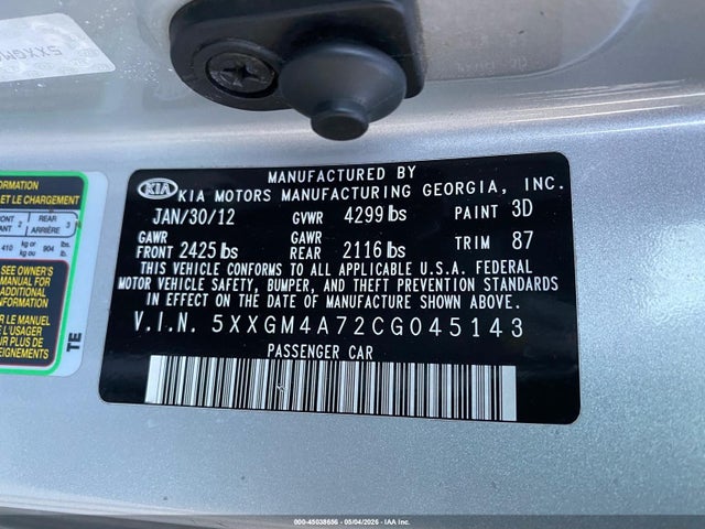 2012 Kia Optima Lx მანქანა იყიდება აუქციონზე, vin: 5XXGM4A72CG045143, აუქციონის ნომერი: 45038656