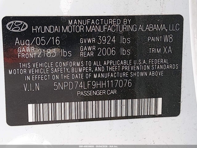 45038658 :رقم المزاد ، 5NPD74LF9HH117076 vin ، 2017 Hyundai Elantra Se مزاد بيع