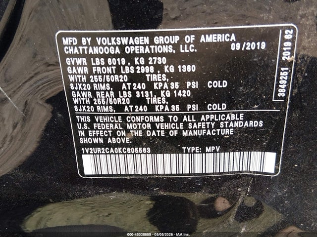 2019 Volkswagen Atlas 3.6l V6 Se W/technology მანქანა იყიდება აუქციონზე, vin: 1V2UR2CA0KC605563, აუქციონის ნომერი: 45038659