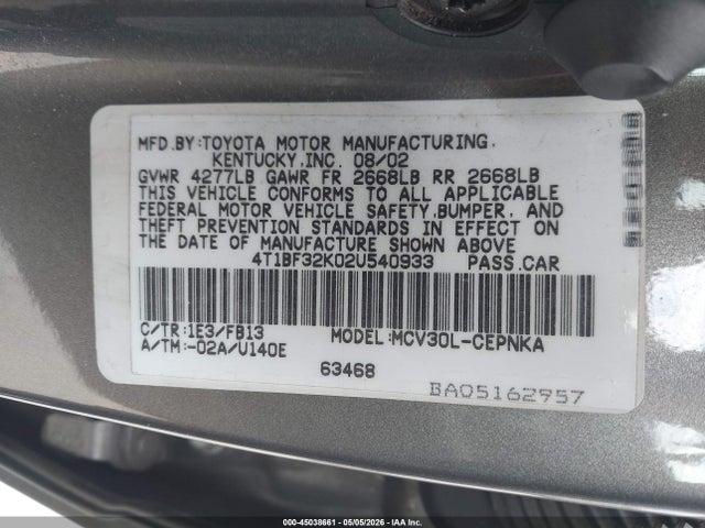 45038661 :رقم المزاد ، 4T1BF32K02U540933 vin ، 2002 Toyota Camry Le V6 مزاد بيع