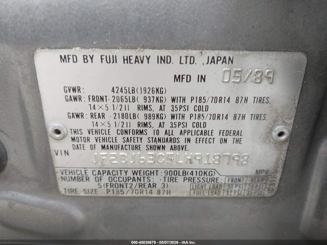 Продаж на аукціоні авто 1990 Subaru Legacy L/hx/px/rx, vin: JF2BJ63C5LH918798, номер лоту: 45038679