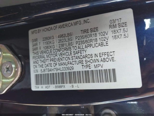 Продажа на аукционе авто 2017 Acura Rdx Advance Package, vin: 5J8TB4H79HL033929, номер лота: 45038687