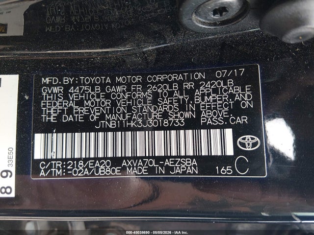 45038690 :رقم المزاد ، JTNB11HK3J3018733 vin ، 2018 Toyota Camry Se مزاد بيع