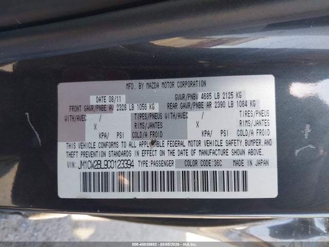 2012 Mazda Mazda5 Sport მანქანა იყიდება აუქციონზე, vin: JM1CW2BL9C0123394, აუქციონის ნომერი: 45038692