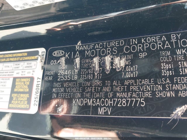 45038709 :رقم المزاد ، KNDPM3AC0H7287775 vin ، 2017 Kia Sportage Lx مزاد بيع