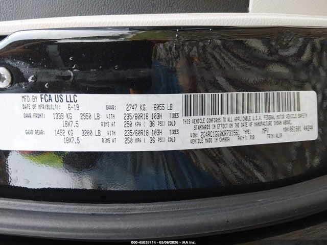 45038714 :رقم المزاد ، 2C4RC1GG0KR731561 vin ، 2019 Chrysler Pacifica Limited مزاد بيع