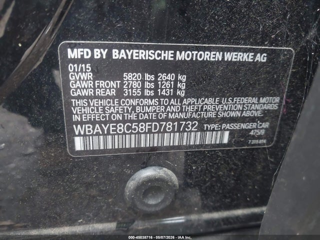 2015 Bmw 750li მანქანა იყიდება აუქციონზე, vin: WBAYE8C58FD781732, აუქციონის ნომერი: 45038716