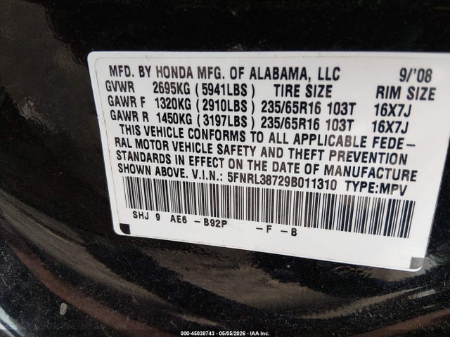 Продажа на аукционе авто 2009 Honda Odyssey Ex-l, vin: 5FNRL38729B011310, номер лота: 45038743