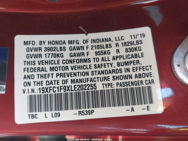 19XFC1F9XLE202255 Honda Civic Touring