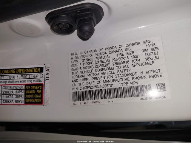 45038748 :رقم المزاد ، 2HKRW2H53JH696701 vin ، 2018 Honda Cr-v Ex مزاد بيع