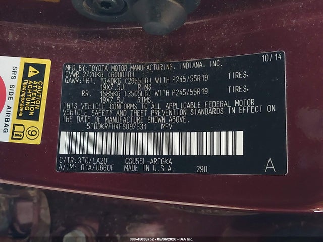 5TDDKRFH4FS097531 Toyota Highlander Limited Platinum V6
