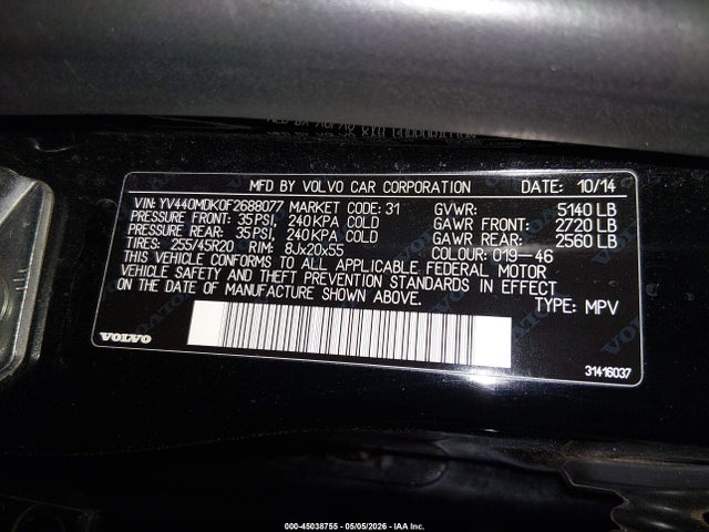 2015 Volvo Xc60 T5 Premier მანქანა იყიდება აუქციონზე, vin: YV440MDK0F2688077, აუქციონის ნომერი: 45038755