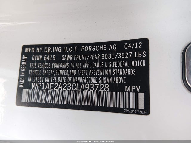 Auction sale of the 2012 Porsche Cayenne Hybrid S, vin: WP1AE2A23CLA93728, lot number: 45038756