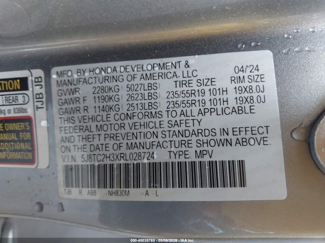 45038765 :رقم المزاد ، 5J8TC2H3XRL028724 vin ، 2024 Acura Rdx Standard مزاد بيع