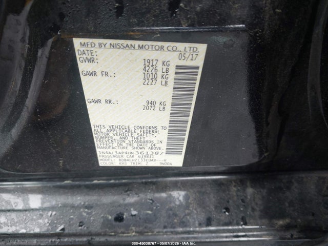 45038767 :رقم المزاد ، 1N4AL3AP4HN361387 vin ، 2017 Nissan Altima 2.5 Sr مزاد بيع