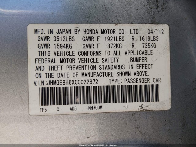 2012 Honda Fit Sport მანქანა იყიდება აუქციონზე, vin: JHMGE8H6XCC022872, აუქციონის ნომერი: 45038776