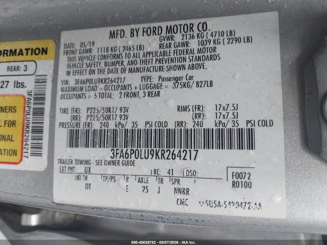 45038782 :رقم المزاد ، 3FA6P0LU9KR264217 vin ، 2019 Ford Fusion Hybrid Se مزاد بيع