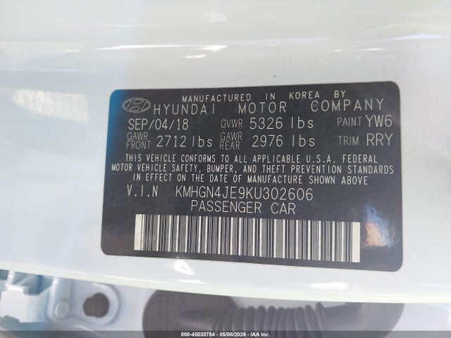 45038784 :رقم المزاد ، KMHGN4JE9KU302606 vin ، 2019 Genesis G80 3.8 مزاد بيع