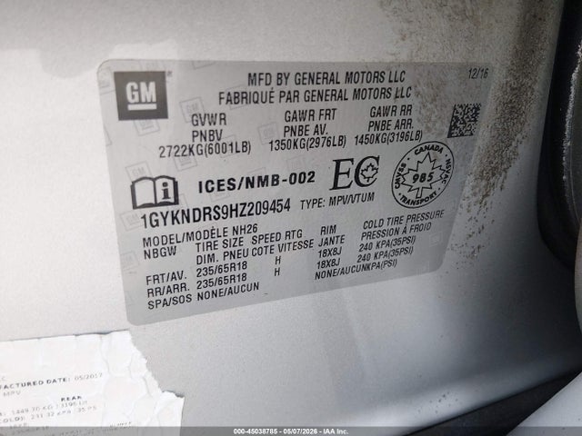 45038785 :رقم المزاد ، 1GYKNDRS9HZ209454 vin ، 2017 Cadillac Xt5 مزاد بيع