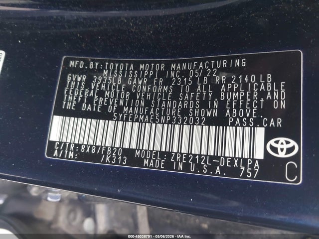 2022 Toyota Corolla Le მანქანა იყიდება აუქციონზე, vin: 5YFEPMAE5NP332032, აუქციონის ნომერი: 45038791