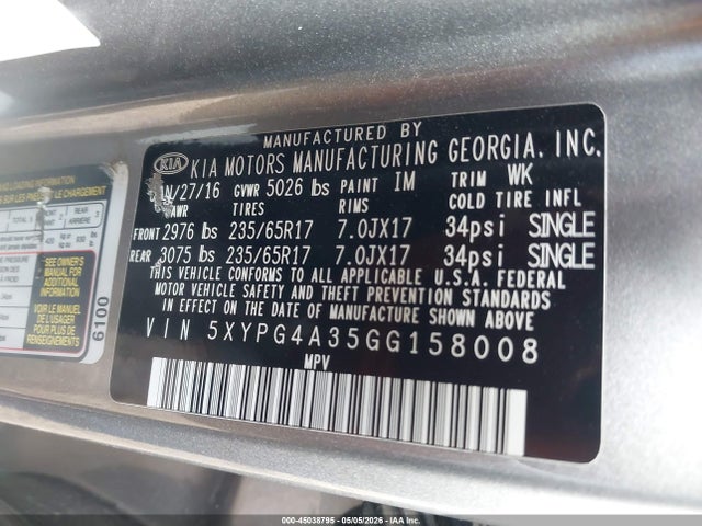 KIA Sorento 2.4l Lx 2016 5XYPG4A35GG158008 Image 9