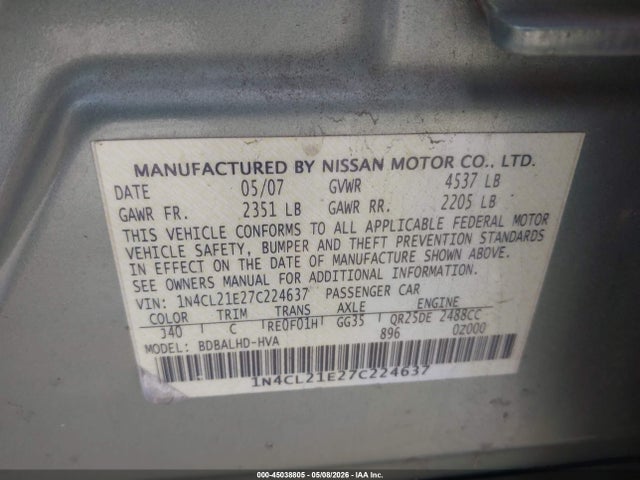 Продажа на аукционе авто 2007 Nissan Altima Hybrid, vin: 1N4CL21E27C224637, номер лота: 45038805