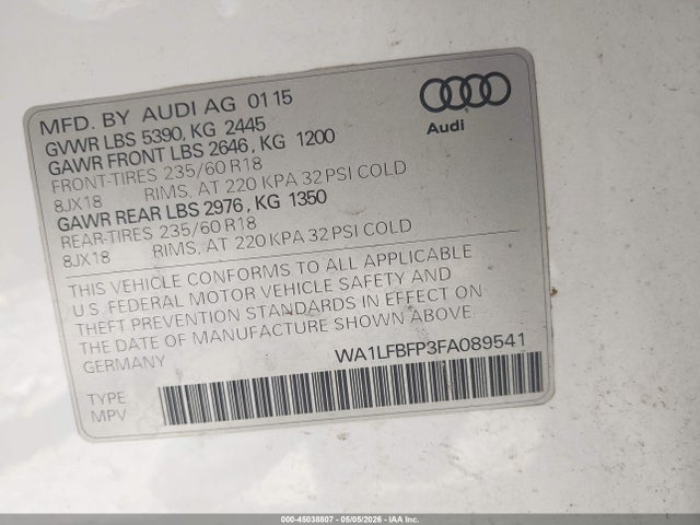 45038807 :رقم المزاد ، WA1LFBFP3FA089541 vin ، 2015 Audi Q5 2.0t Premium مزاد بيع