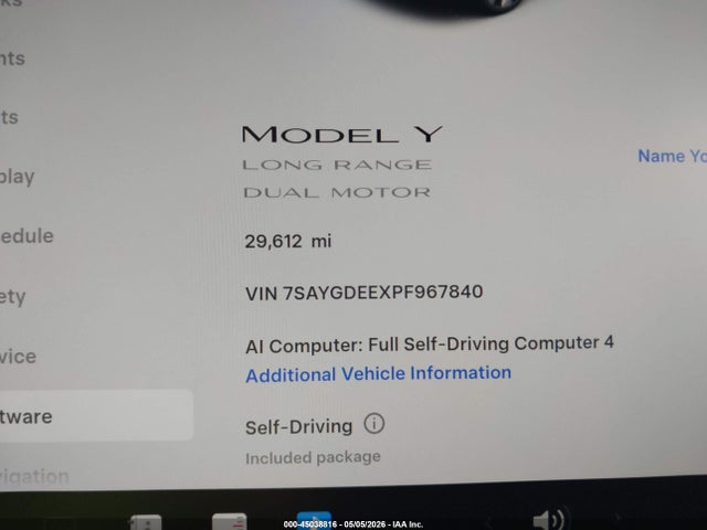 45038816 :رقم المزاد ، 7SAYGDEEXPF967840 vin ، 2023 Tesla Model Y Awd/long Range Dual Motor All-wheel Drive مزاد بيع