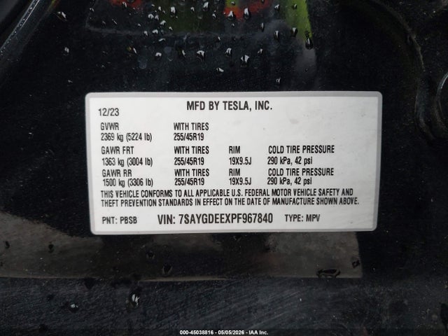 45038816 :رقم المزاد ، 7SAYGDEEXPF967840 vin ، 2023 Tesla Model Y Awd/long Range Dual Motor All-wheel Drive مزاد بيع